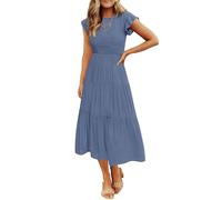 ZESICA Women's 2024 Summer Casual Flutter Short Sleeve Crew Neck Smocked Elastic Waist Tiered Midi Dress, Dusty Blue, M