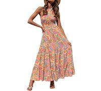 ZESICA Women's 2024 Summer Crossover Halter Neck Sleeveless Plaid Cut Out Backless Flowy A Line Maxi Dress, Greygreen, L
