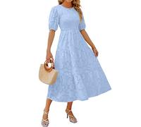 ZESICA Women's 2024 Summer Short Puff Sleeve Crewneck Smocked Floral Lace Flowy A Line Tiered Maxi Dresses, Lightblue, XL