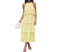 ZESICA Women's 2024 Summer Sleeveless Halter Neck Ruffle Tiered Layed Chiffon Flowy Swing Long Midi Dress, LightYellow, M