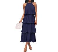 ZESICA Women's 2024 Summer Sleeveless Halter Neck Ruffle Tiered Layed Chiffon Flowy Swing Long Midi Dress, Navy, M