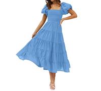 ZESICA Women's 2024 Summer Square Neck Short Puff Sleeve Solid Color High Waist Casual Smocked Flowy A Line Tiered Midi Dress, Blue, M