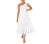 ZESICA Women's 2025 Bohemian Summer Floral Print One Shoulder Sleeveless Smocked Ruffle Tiered Beach Long Midi Dress, White, M