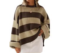 ZESICA Women's 2025 Fall Long Sleeve Oversized Striped Color Block Comfy Loose Crew Neck Knitted Pullover Sweater, Brown, L