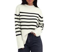 ZESICA Women's 2025 Fall Winter Striped Long Sleeve Crew Neck Ribbed Knit Side Slit Oversized Pullover Sweater Jumper Top, Beige, L