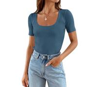 ZESICA Women's 2025 Short Sleeve Square Neck T Shirts Slim Fitted Summer Ribbed Knit Basic Casual Tee Tops, Darkblue, XL