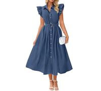 ZESICA Women's 2025 Summer Boho Button Midi Dresses Casual V Neck Flutter Sleeve Belted Long Dresses with Pockets, Navy, S