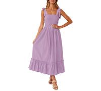 ZESICA Women's 2025 Summer Boho Spaghetti Strap Square Neck Solid Color Ruffle A Line Beach Long Maxi Dress, Lavender, Small