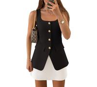 ZESICA Women's 2025 Summer Casual Sleeveless Suit Vest Square Neck Button Down Work Business Blazer Vests Waistcoat, Black, Small