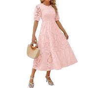 ZESICA Women's 2025 Summer Short Puff Sleeve Crewneck Smocked Floral Lace Flowy A Line Tiered Maxi Dresses, Pink, L