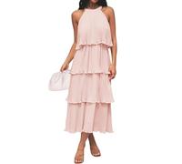 ZESICA Women's 2025 Summer Sleeveless Halter Neck Ruffle Tiered Layed Chiffon Flowy Swing Long Midi Dress, Pink, XL