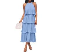 ZESICA Women's 2025 Summer Sleeveless Halter Neck Ruffle Tiered Layed Chiffon Flowy Swing Long Midi Dress, Lightblue, M