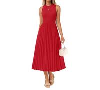 ZESICA Women's 2025 Summer Sleeveless Midi Dresses Casual Crewneck Ribbed Knit Pleated A Line Swing Long Party Dress, Red, L