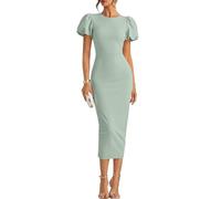 ZESICA Women's 2026 Summer Short Puff Sleeve Bodycon Midi Dress Ribbed Knit Elegant Formal Wedding Guest Dresses, Sage, M