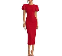 ZESICA Women's 2026 Summer Short Puff Sleeve Bodycon Midi Dress Ribbed Knit Elegant Formal Wedding Guest Dresses, Red, M
