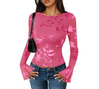 ZESICA Women's Bell Long Sleeve Tops 2025 Fall Boat Neck Mesh Floral Fitted Shirts Trendy Y2K Going Out Outfits, Rose, M