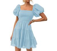 ZESICA Women's Boho 2025 Summer Square Neck Puff Sleeve Off Shoulder Smocked Tiered Casual A Line Short Mini Dress, Lightblue, M