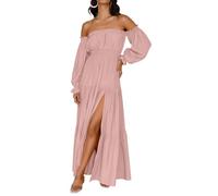 ZESICA Women's Boho Sexy Off Shoulder Long Sleeve Smocked High Waist Side Split Flowy A Line Tiered Long Maxi Dress, Pink, M