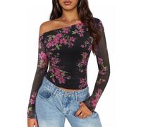 ZESICA Women's Floral Off Shoulder Long Sleeve Tops 2025 Fall Mesh Ruched Fitted Trendy Going Out Shirts Blouses, Ebony, M