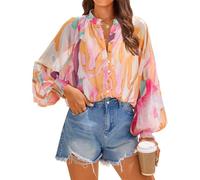ZESICA Women's Floral Print Blouse 2026 Long Sleeve Button Down Casual Fall Boho Oversized Tops Shirts, Yellow Purple, L