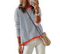 ZESICA Women's Long Sleeve Crewneck Striped Shirts Spring Ribbed Knit Sweater Slim Fitted Casual Basic Tee Tops, Dark Blue, M