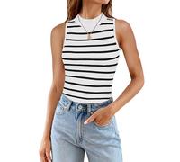 ZESICA Womens Ribbed Tank Tops High Neck Slim Fitted Striped Basic Casual Summer Sleeveless Shirts, White, S