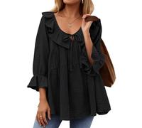 ZESICA Womens Scoop Neck 3/4 Length Sleeve Tops 2025 Casual Tie Front Ruffle Tiered Loose Tunic Shirts Blouses Fall Outfits, Black, S