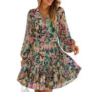 ZESICA Womens Spring Summer Floral Mini Dress Long Sleeve Button Chiffon A Line Swing Short Wedding Guest Party Dresses, Green, S