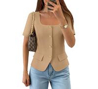 ZESICA Womens Summer 2026 Square Neck Short Sleeve Suit Vest Tops Trendy Button Down Work Blouse Spring Crop Blazer Waistcoat, Khaki, Small