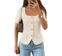 ZESICA Womens Summer 2026 Square Neck Short Sleeve Suit Vest Tops Trendy Button Down Work Blouse Spring Crop Blazer Waistcoat, Apricot, Medium