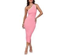 ZESICA Women's Summer One Shoulder Bodycon Midi Dresses 2024 Casual Sleeveless Ribbed Knit Side Slit Sweater Dress, Pink, S