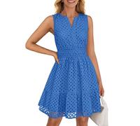 ZESICA Women's Summer Sleeveless Mini Dresses 2026 Spring V Neck Hollow Out Eyelet Flowy A Line Beach Vacation Sundress, Royal Blue, M