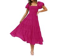 ZESICA Women's Summer Square Neck Short Puff Sleeve Solid Color High Waist Casual Smocked Flowy A Line Tiered Midi Dress, Pink, XS