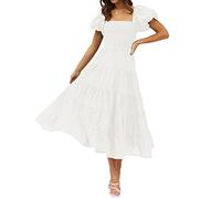 ZESICA Women's Summer Square Neck Short Puff Sleeve Solid Color High Waist Casual Smocked Flowy A Line Tiered Midi Dress, White, X-Large