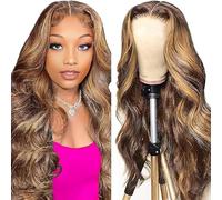 Zeslaerr Body Wave Glueless Wig Human Hair 5 x 5 Frontal Lace 150% Density Unprocessed Brazilian Virgin Pre Plucked Baby Hair Wig Human Hair P4/27 Highlight Brown 22 Inch