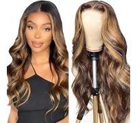 Zeslaerr Body Wave Human Hair Wig 5 x 5 HD Frontal Lace Wig Real Hair Wig 150% Density Unprocessed Brazilian Virgin Hair P4/27 Highlight Brown Minimal Tangle No Smell for Women 76 cm
