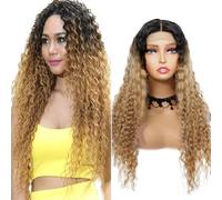 Zeslaerr Deep Wave Human Hair Wig, Real Hair Wig, Black Women, 5 x 5 Lace Front, Pre-Plucked, Natural Hairline, Brazilian Virgin Hair, 1B4/27, Black Root Blonde Colour, No Tangle Wigs for Women, 76 cm
