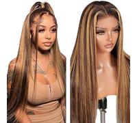 Zeslaerr Straight Human Hair Wig 5 x 5 HD Frontal Lace Wig Real Hair Wig 150% Density Unprocessed Brazilian Virgin Hair P4/27 Highlight Brown Minimal Tangle No Smell for Women 76 cm