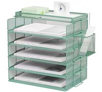 ZESLIV Desk Organiser with File Holder, 5-Tier Paper Organiser with Drawer and Pen Holders, Mesh Desk File Organiser with Magazine Holder for Office Organiser, Green