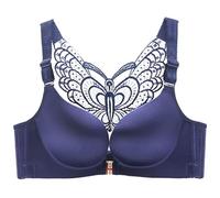 ZESLIV Women's Push Up Bra 34C Dark Blue Wireless Front Closure Comfort Bralette with Butterfly Embroidery