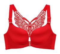 ZESLIV Women's Push Up Bra 50D Red Wireless Front Closure Comfort Bralette with Butterfly Embroidery