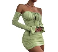Zesoyne Women Off The Shoulder Ruched Bodycon Mini Dress Flounce Long Sleeve Tie Front Short Club Dresses Large Light Green