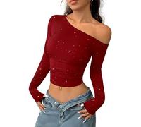 Zesoyne Women's Glitter One Shoulder Long Sleeve Crop Top Casual Spring Summer Ruched Form Fitting Sparkly Ribbed Party Top X-Large Red