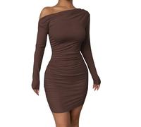 Zesoyne Women's Off Shoulder Ruched Bodycon Mini Dress Long Sleeve Asymmetrical Party Clubwear Casual Dress L Coffee