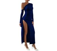 Zesoyne Womens Sexy Maxi Dress One Off The Shoulder Long Sleeve Side Slit A-line Long Dresses for Party Cocktail Wedding M Navy Blue