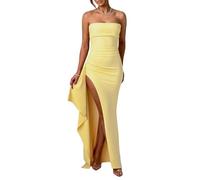 Zesoyne Womens Strapless Maxi Dress with Irregular Hem High Slit Ruched Elegant Evening Party Casual Long Dresses XS Yellow