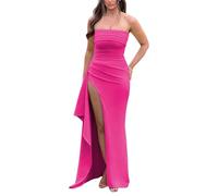 Zesoyne Womens Strapless Maxi Dress with Irregular Hem High Slit Ruched Elegant Evening Party Casual Long Dresses S Rose Red