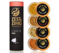 ZEST & ZING Asia Spice Gift Set | Thai Curry, Sriracha, Chinese Five Spice, Katsu Curry | Mixed Spices Gift Set for Kitchen | Fresh, High Quality Ingredients | Stackable Italian Glass Jar