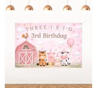 ZestZing 5x3ft Three-I-E-I-O 3rd Birthday Backdrop Farm Animal 3rd Birthday Party Decorations Pink Barn Horse Cow Floral Cloud Butterfly Vinyl Photography Banner for Kids Barnyard Party Wall Decor
