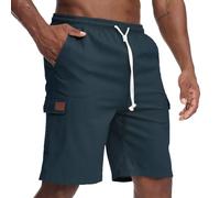 Zetieny Mens Linen Shorts Summer Elasticated Waist Cargo Short Casual Sports with Pockets Dark Green